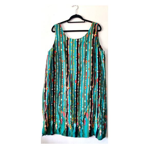 Bob Mackie Green Blue Sleeveless Printed 100% Silk Shift Dress 2X Weareble Art - Picture 1 of 4